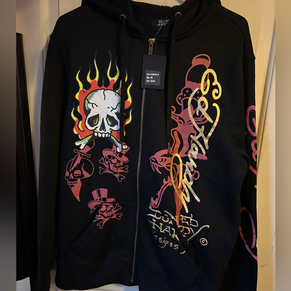Ed Hardy Black Hoodie with Skull and Flame Graphics
